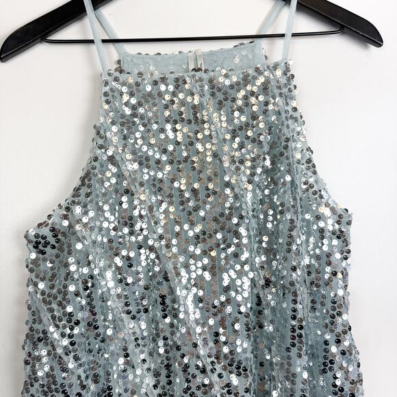 Anthropologie Sequins Asymmetrical Hem Tank Top Party Holidays Blue Silver - M - Picture 2 of 10